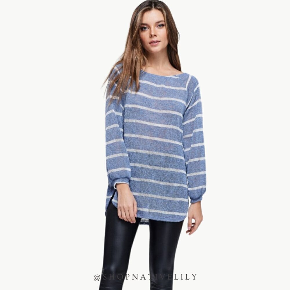 White Birch Striped Balloon Sleeve Sweater Size Large Light Blue Knit NWT